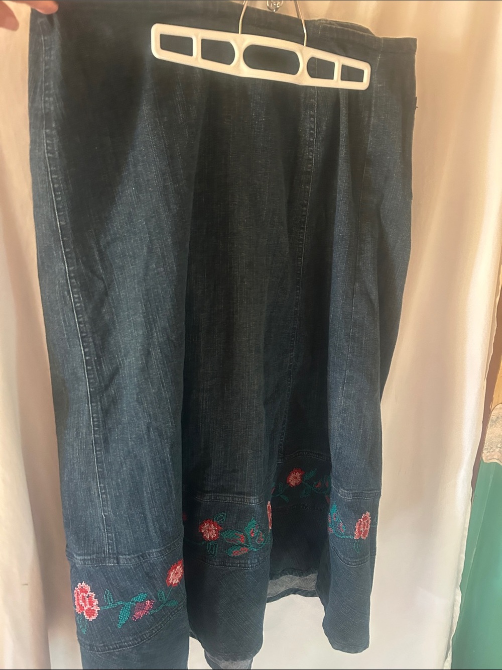 Women’s Dark Blue Denim Midi Skirt with Floral Embroidery